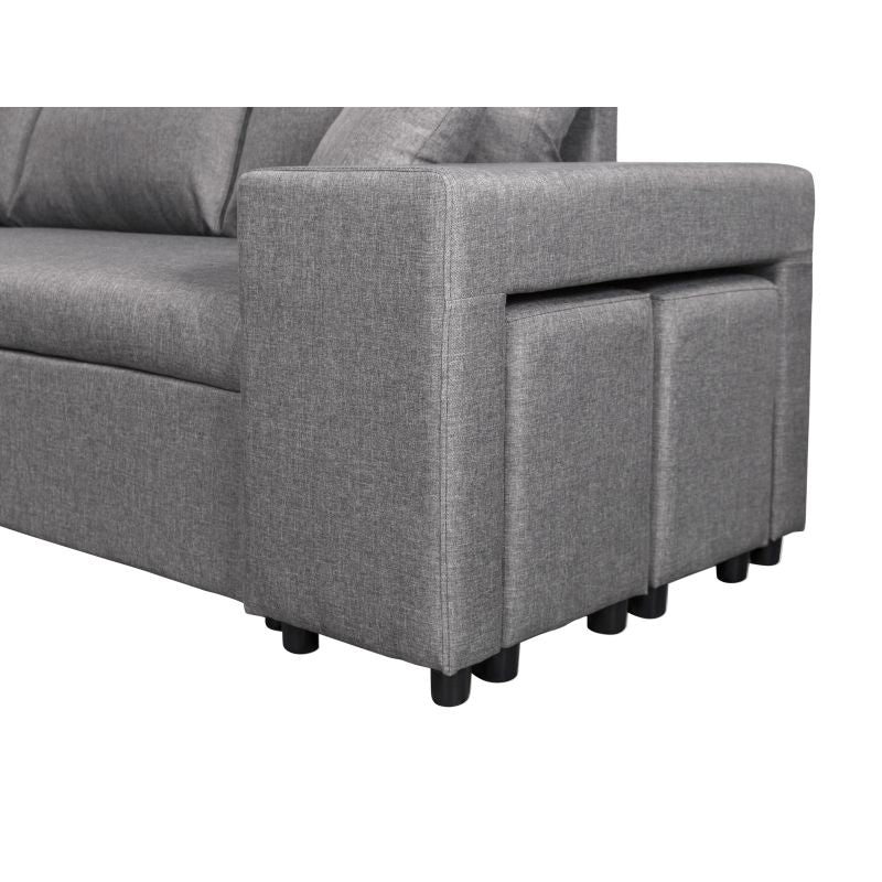 LUMIRA PLUS - Canapé d'angle réversible convertible avec coffre et 2 poufs en tissu - Gris clair - Niche à droite