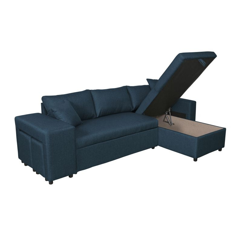 LUMIRA PLUS - Canapé d'angle réversible convertible avec coffre et 2 poufs en tissu - Bleu pétrole - Niche à gauche