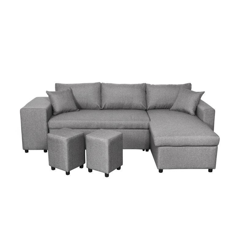 LUMIRA PLUS - Canapé d'angle réversible convertible avec coffre et 2 poufs en tissu - Gris clair - Niche à gauche