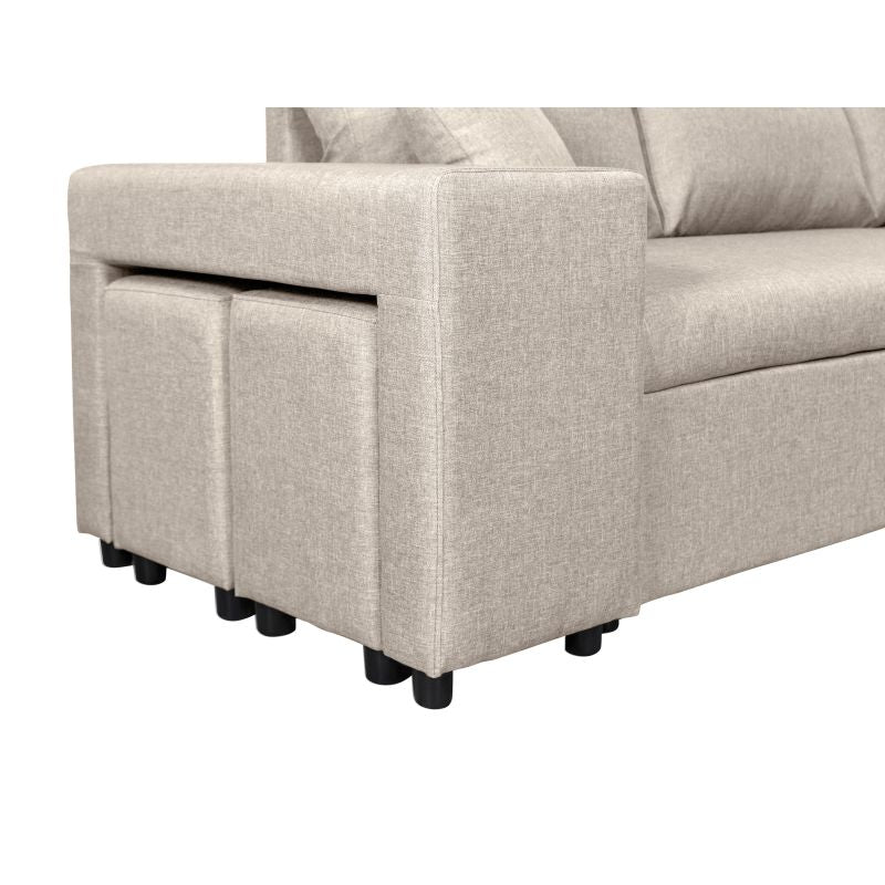 LUMIRA PLUS - Canapé d'angle réversible convertible avec coffre et 2 poufs en tissu - Beige - Niche à gauche