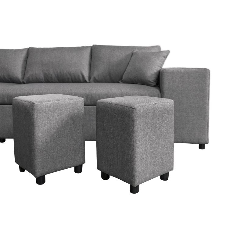 LUMIRA PLUS - Canapé d'angle réversible convertible avec coffre et 2 poufs en tissu - Gris clair - Niche à droite