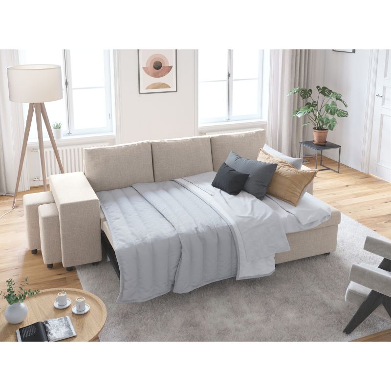 LUMIRA PLUS - Canapé d'angle réversible convertible avec coffre et 2 poufs en tissu - Beige - Niche à gauche