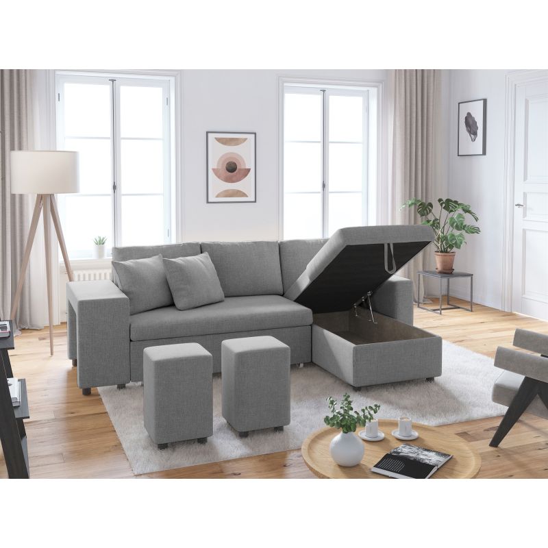 LUMIRA PLUS - Canapé d'angle réversible convertible avec coffre et 2 poufs en tissu - Gris clair - Niche à gauche