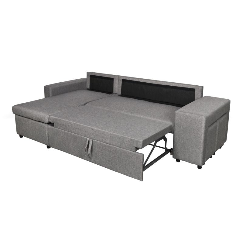 LUMIRA PLUS - Canapé d'angle réversible convertible avec coffre et 2 poufs en tissu - Gris clair - Niche à droite