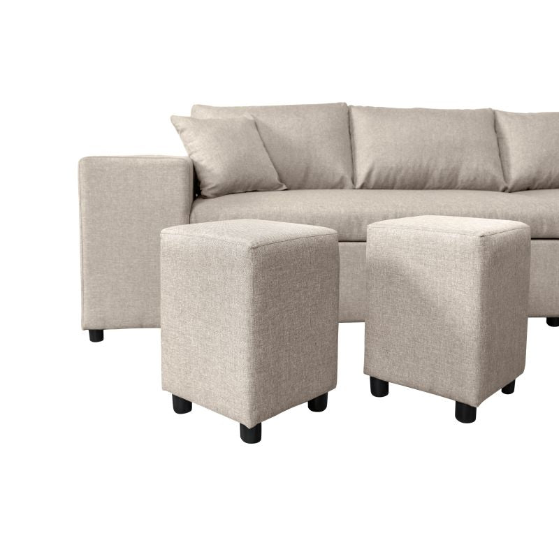 LUMIRA PLUS - Canapé d'angle réversible convertible avec coffre et 2 poufs en tissu - Beige - Niche à gauche