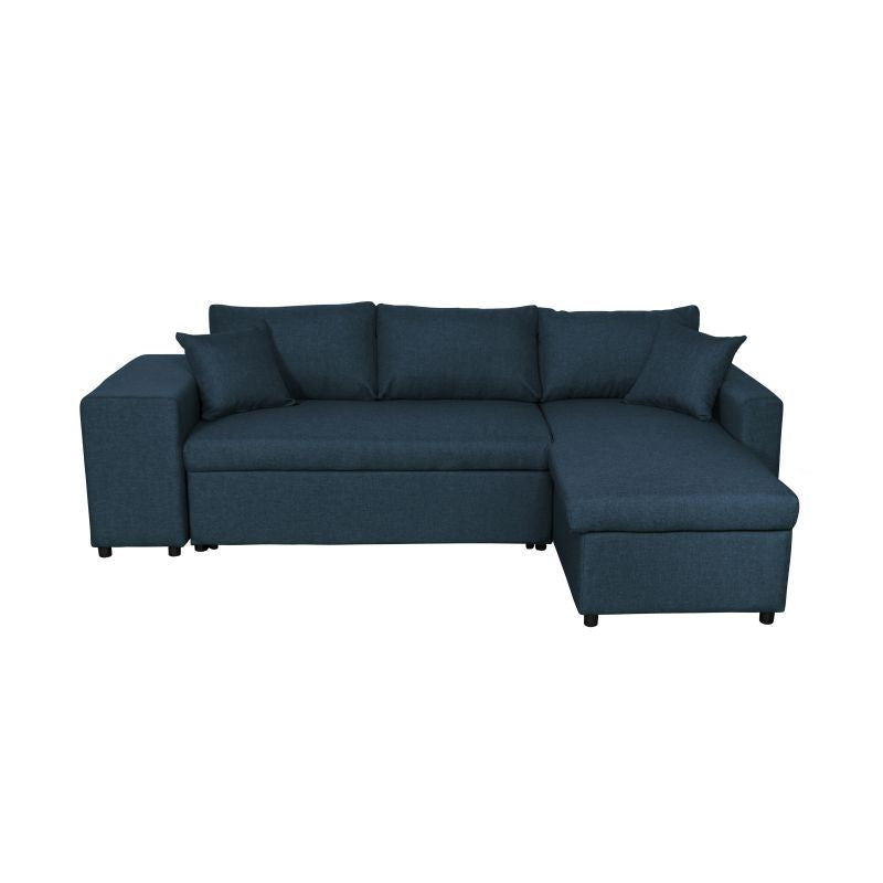 LUMIRA PLUS - Canapé d'angle réversible convertible avec coffre et 2 poufs en tissu - Bleu pétrole - Niche à gauche