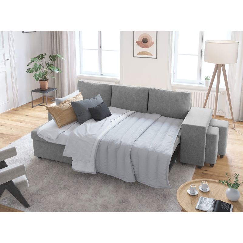 LUMIRA PLUS - Canapé d'angle réversible convertible avec coffre et 2 poufs en tissu - Gris clair - Niche à droite