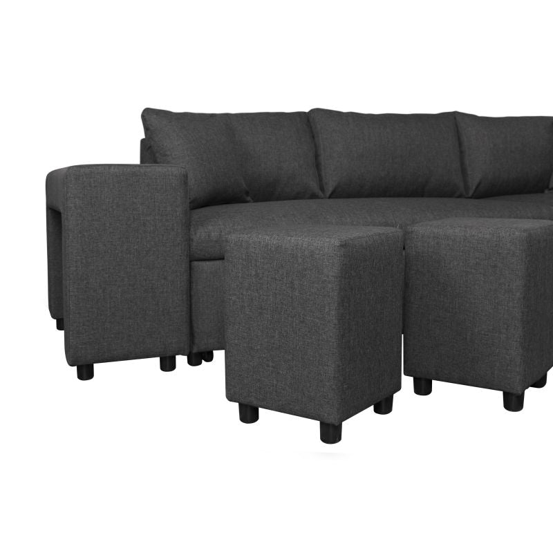 LUMIRA PLUS - Canapé d'angle réversible convertible avec coffre et 2 poufs en tissu - Gris foncé - Niche à gauche