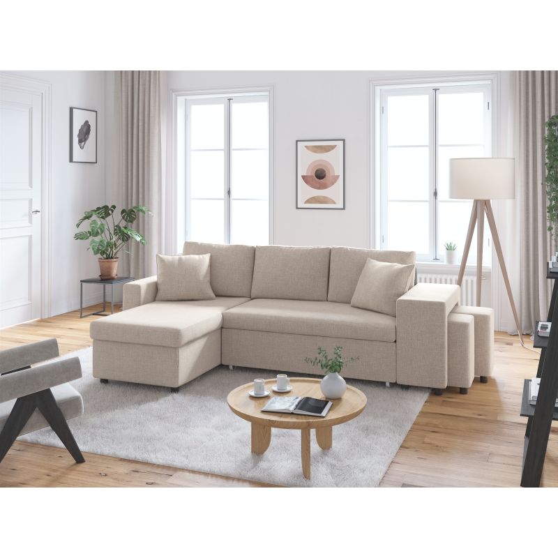 LUMIRA PLUS - Canapé d'angle réversible convertible avec coffre et 2 poufs en tissu - Beige - Niche à droite