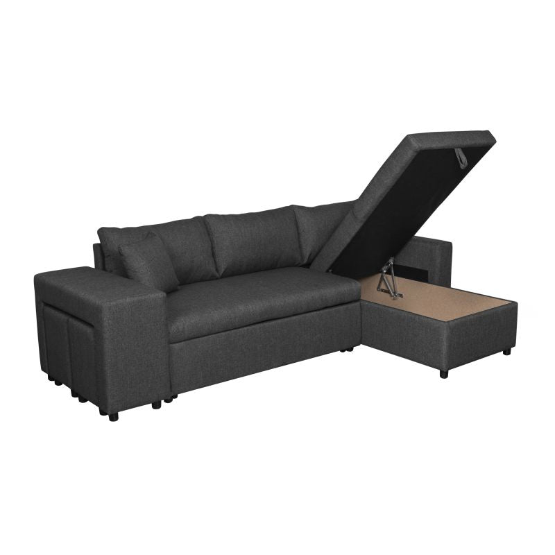 LUMIRA PLUS - Canapé d'angle réversible convertible avec coffre et 2 poufs en tissu - Gris foncé - Niche à gauche