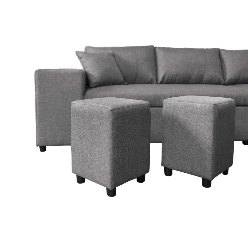 LUMIRA PLUS - Canapé d'angle réversible convertible avec coffre et 2 poufs en tissu - Gris clair - Niche à gauche