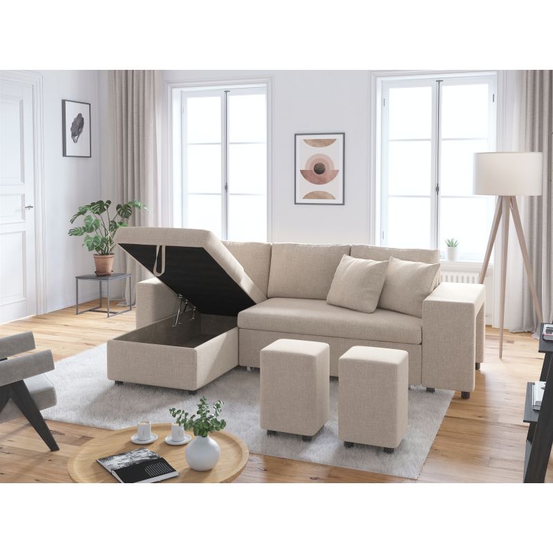 LUMIRA PLUS - Canapé d'angle réversible convertible avec coffre et 2 poufs en tissu - Beige - Niche à droite