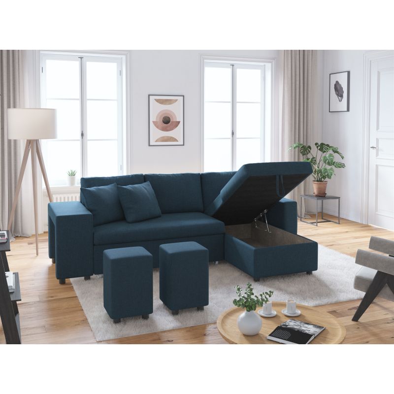 LUMIRA PLUS - Canapé d'angle réversible convertible avec coffre et 2 poufs en tissu - Bleu pétrole - Niche à gauche