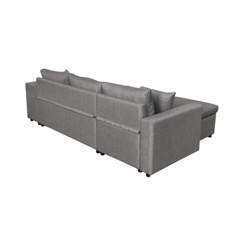 LUMIRA PLUS - Canapé d'angle réversible convertible avec coffre et 2 poufs en tissu - Gris clair - Niche à droite