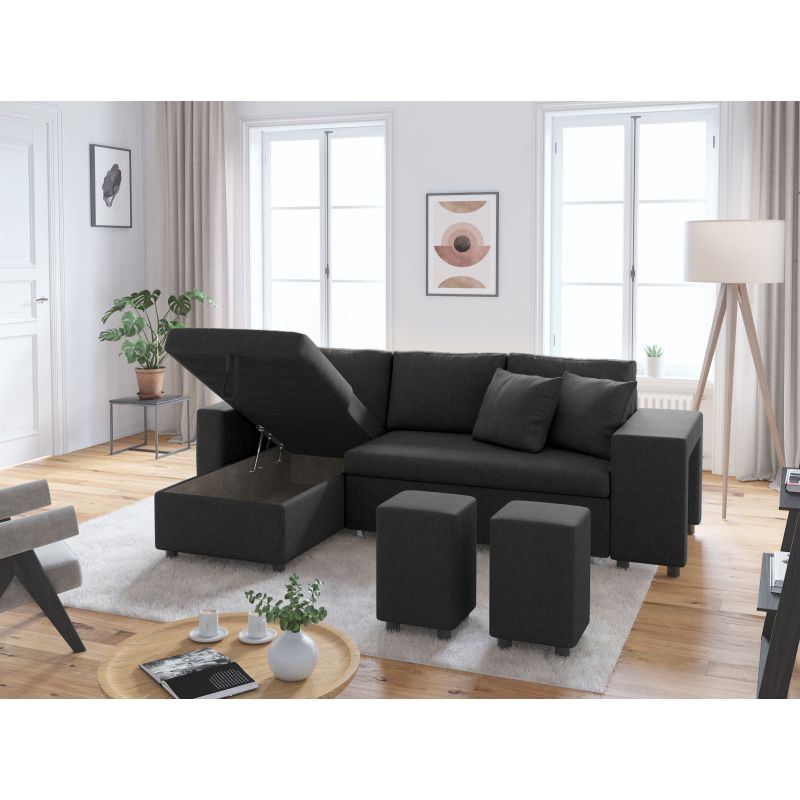 LUMIRA PLUS - Canapé d'angle réversible convertible avec coffre et 2 poufs en tissu - Gris foncé - Niche à droite