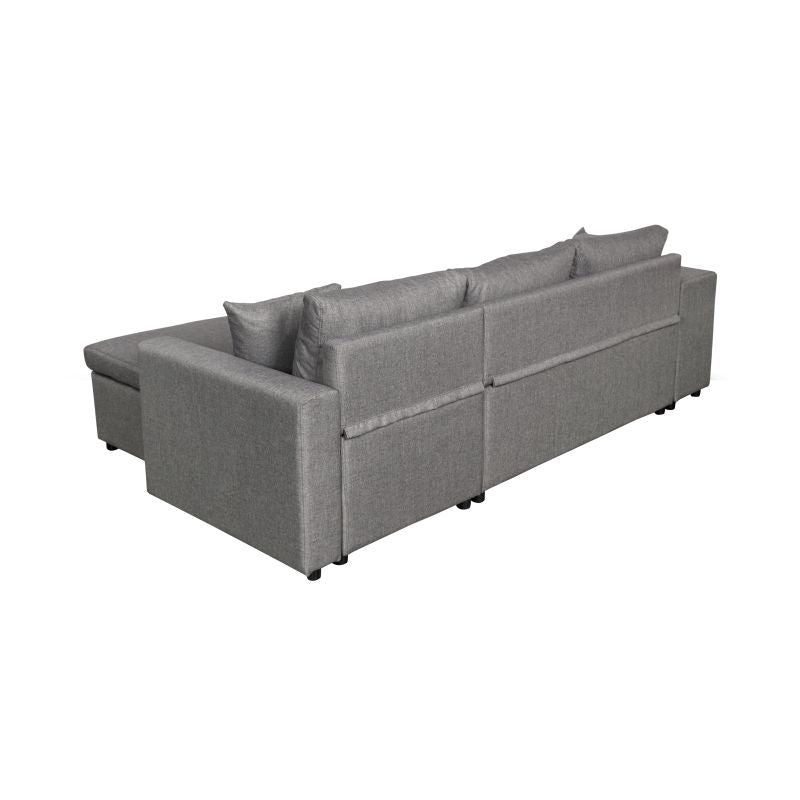 LUMIRA PLUS - Canapé d'angle réversible convertible avec coffre et 2 poufs en tissu - Gris clair - Niche à gauche