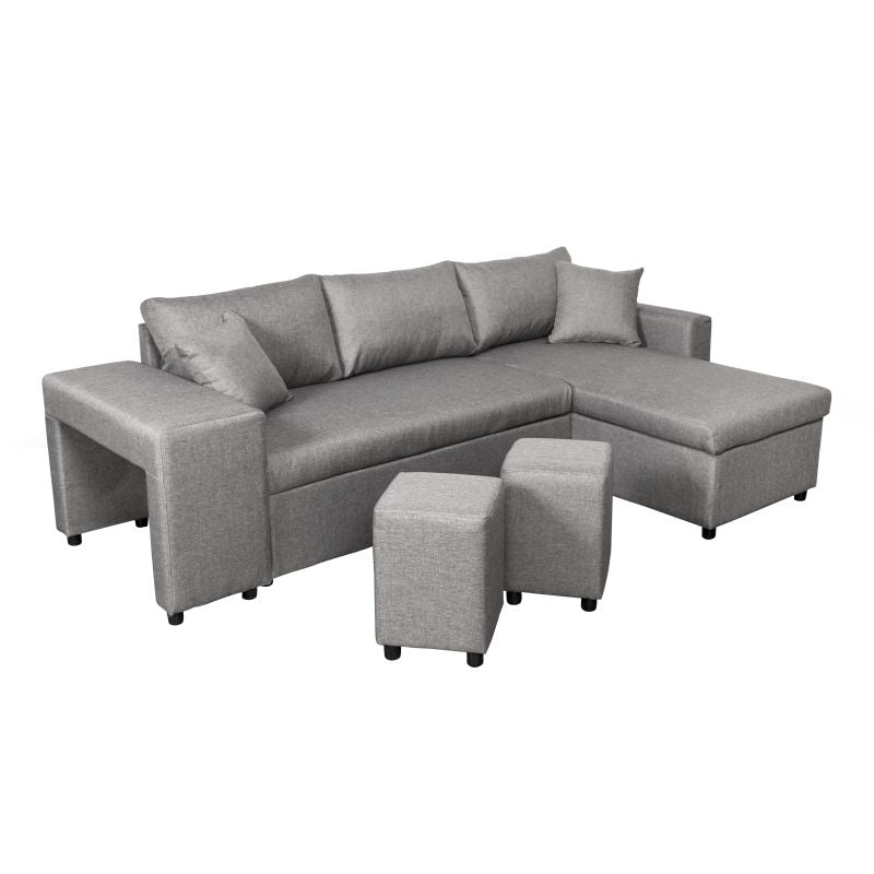 LUMIRA PLUS - Canapé d'angle réversible convertible avec coffre et 2 poufs en tissu - Gris clair - Niche à gauche