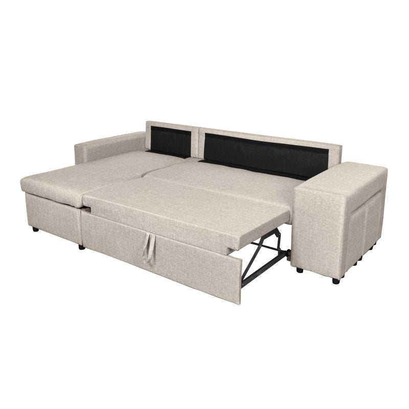 LUMIRA PLUS - Canapé d'angle réversible convertible avec coffre et 2 poufs en tissu - Beige - Niche à droite