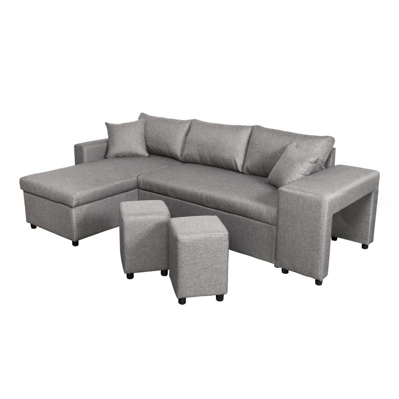 LUMIRA PLUS - Canapé d'angle réversible convertible avec coffre et 2 poufs en tissu - Gris clair - Niche à droite