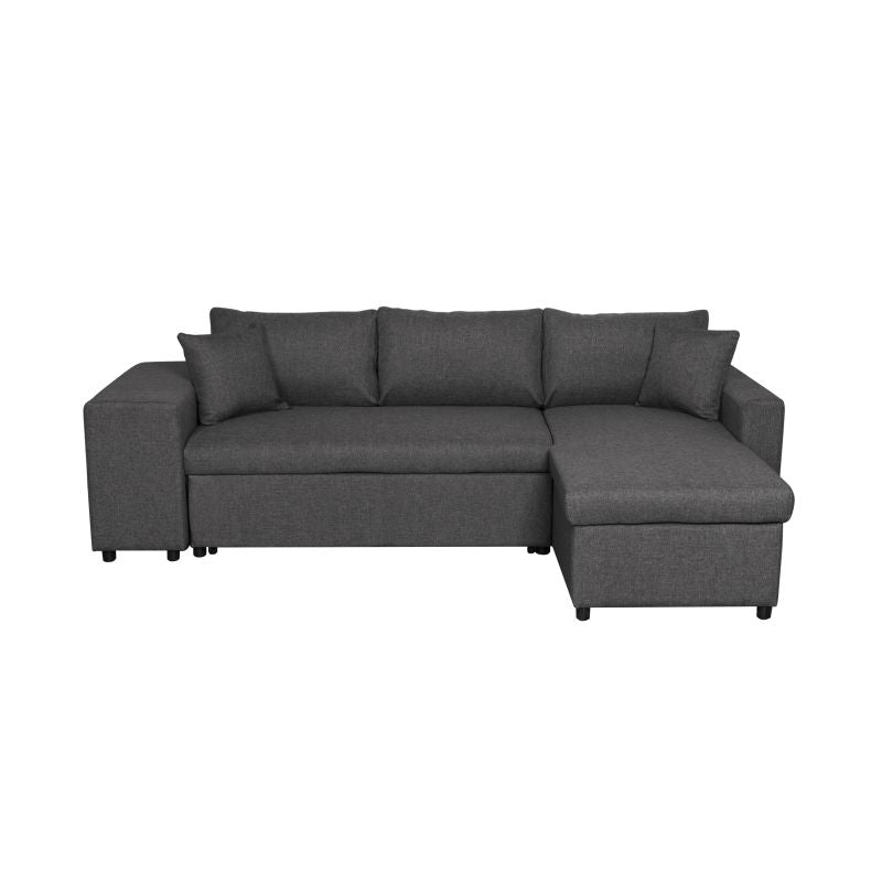 LUMIRA PLUS - Canapé d'angle réversible convertible avec coffre et 2 poufs en tissu - Gris foncé - Niche à gauche