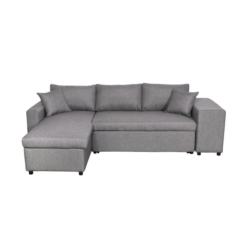 LUMIRA PLUS - Canapé d'angle réversible convertible avec coffre et 2 poufs en tissu - Gris clair - Niche à droite