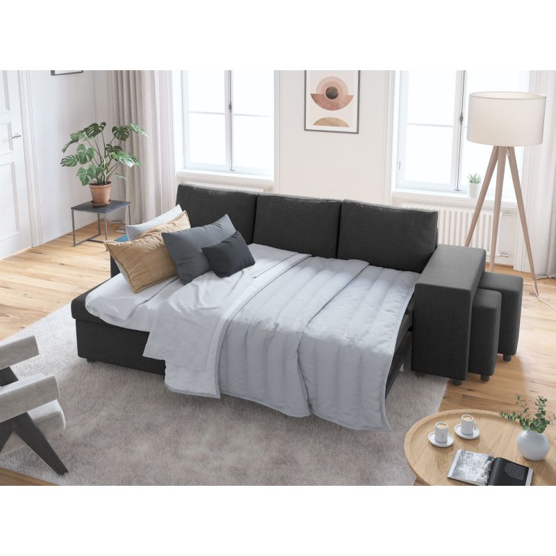 LUMIRA PLUS - Canapé d'angle réversible convertible avec coffre et 2 poufs en tissu - Gris foncé - Niche à droite