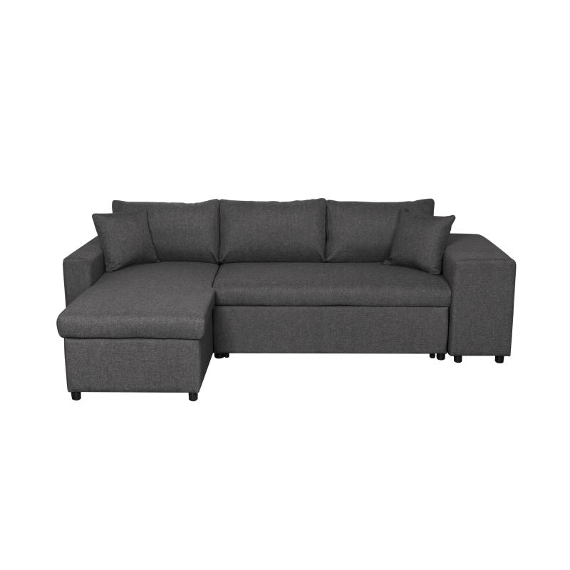 LUMIRA PLUS - Canapé d'angle réversible convertible avec coffre et 2 poufs en tissu - Gris foncé - Niche à droite