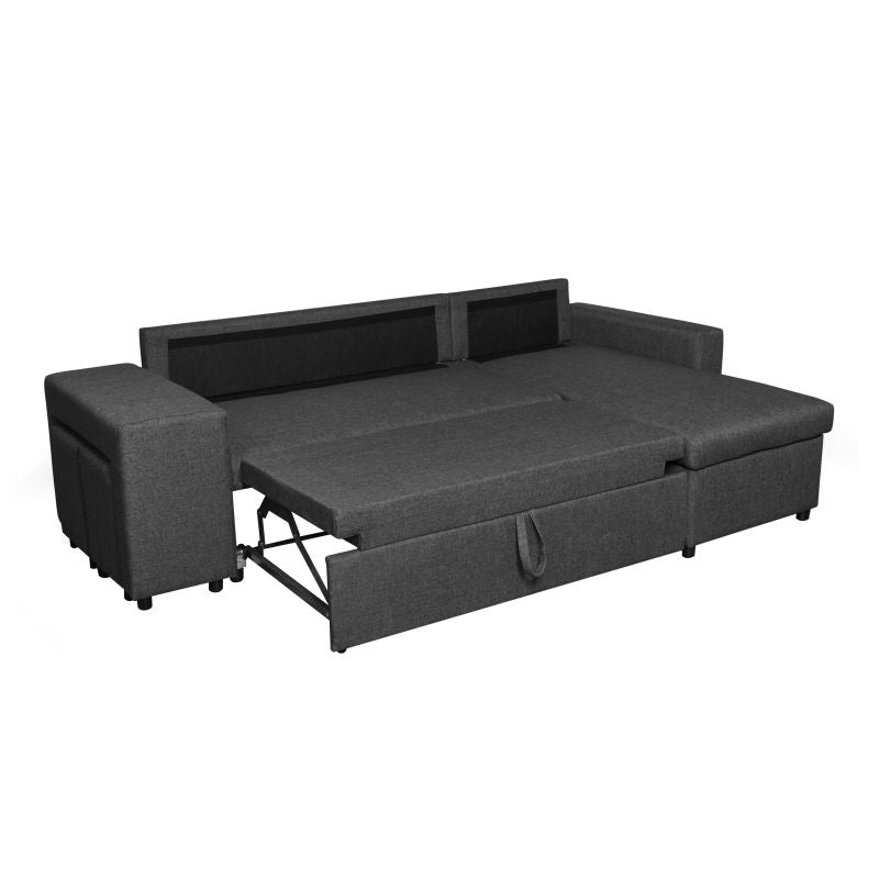 LUMIRA PLUS - Canapé d'angle réversible convertible avec coffre et 2 poufs en tissu - Gris foncé - Niche à gauche