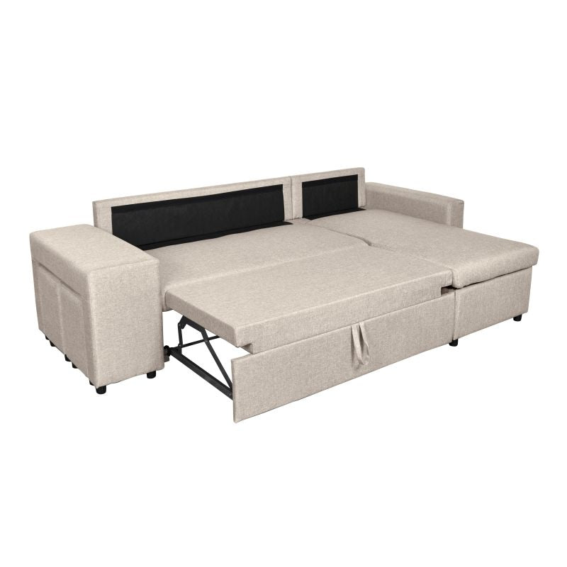 LUMIRA PLUS - Canapé d'angle réversible convertible avec coffre et 2 poufs en tissu - Beige - Niche à gauche