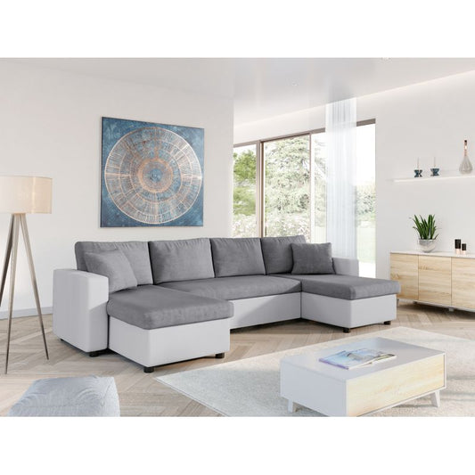 LUMIRA U - Canapé panoramique convertible avec 2 coffres en microfibre et simili - Gris/blanc