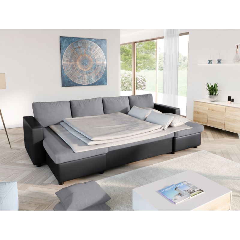 LUMIRA U - Canapé panoramique convertible avec 2 coffres en microfibre et simili - Gris/noir