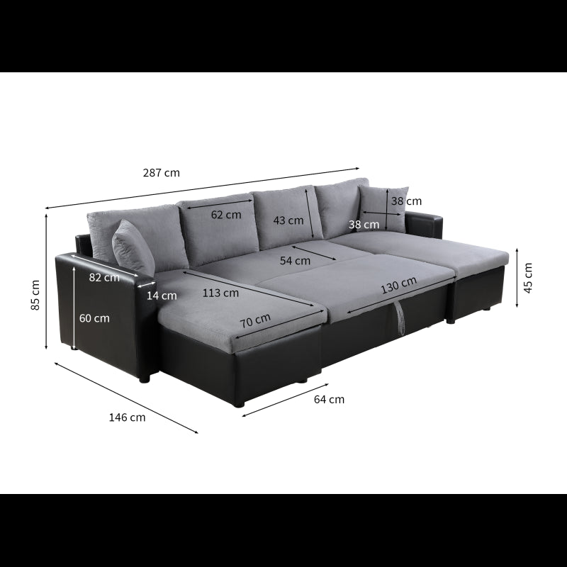 LUMIRA U - Canapé panoramique convertible avec 2 coffres en microfibre et simili - Gris/noir