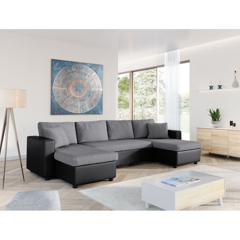 LUMIRA U - Canapé panoramique convertible avec 2 coffres en microfibre et simili - Gris/noir