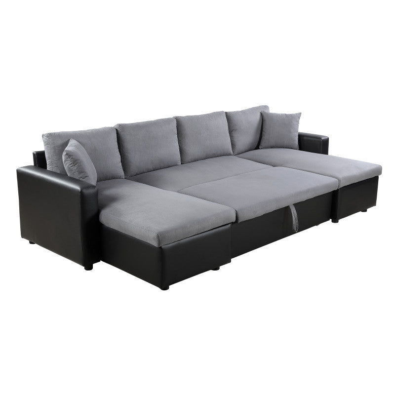 LUMIRA U - Canapé panoramique convertible avec 2 coffres en microfibre et simili - Gris/noir