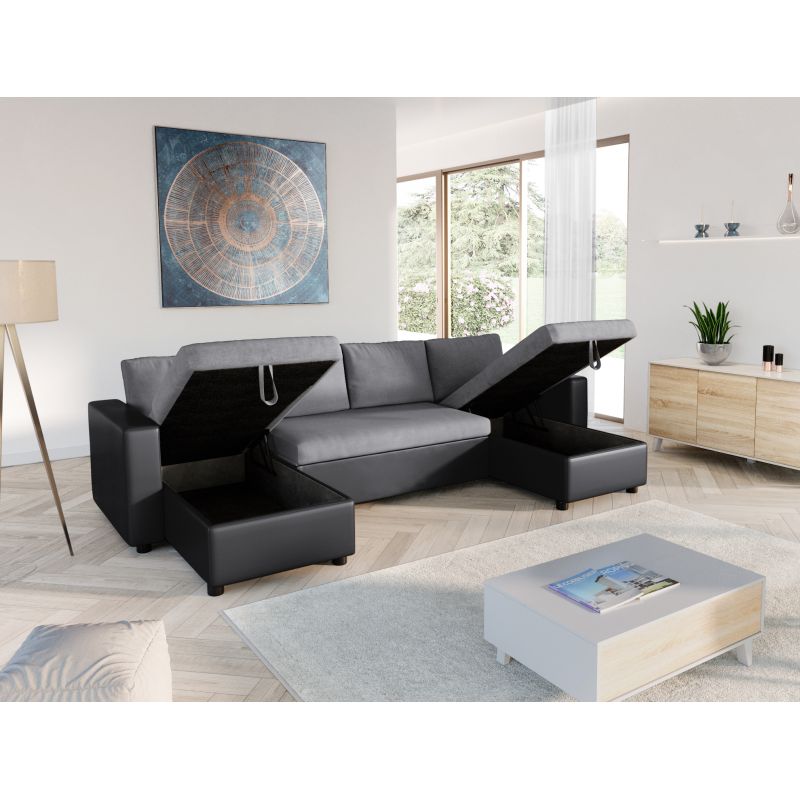 LUMIRA U - Canapé panoramique convertible avec 2 coffres en microfibre et simili - Gris/noir