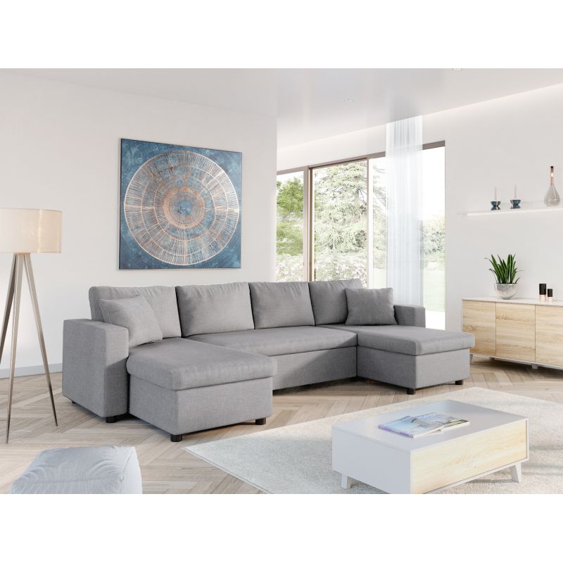 LUMIRA U - Canapé panoramique convertible avec 2 coffres en tissu - Gris clair