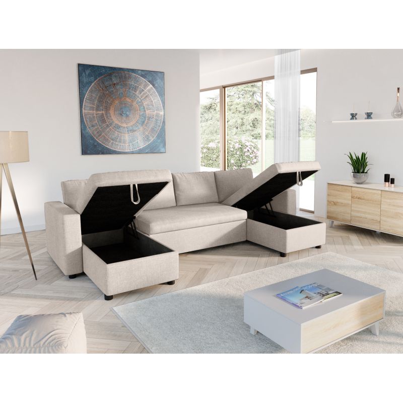 LUMIRA U - Canapé panoramique convertible avec 2 coffres en tissu - Beige