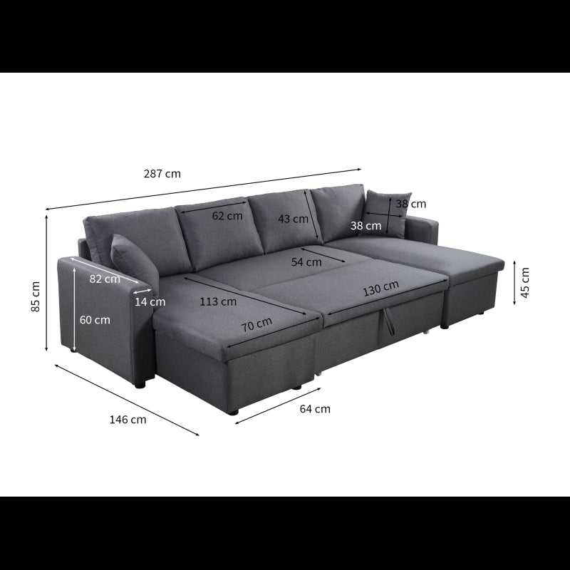 LUMIRA U - Canapé panoramique convertible avec 2 coffres en tissu - Gris clair