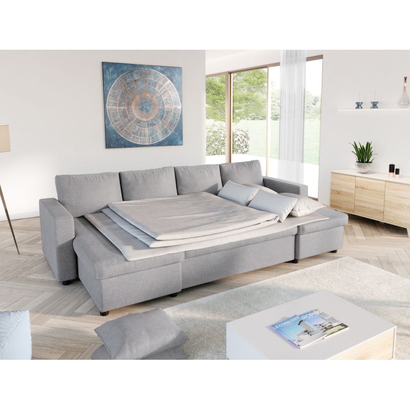 LUMIRA U - Canapé panoramique convertible avec 2 coffres en tissu - Gris clair