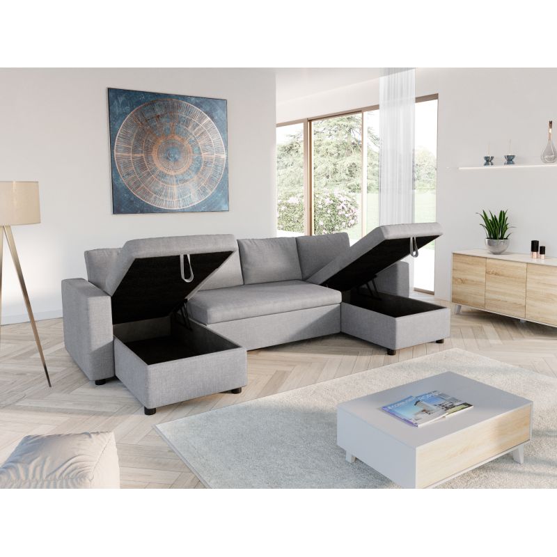 LUMIRA U - Canapé panoramique convertible avec 2 coffres en tissu - Gris clair