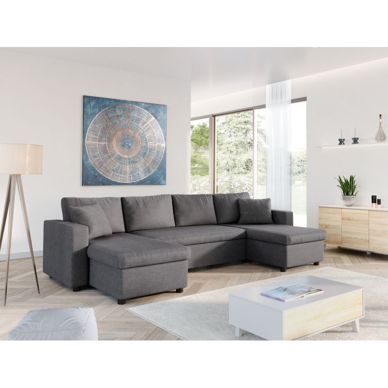 LUMIRA U - Canapé panoramique convertible avec 2 coffres en tissu - Gris foncé