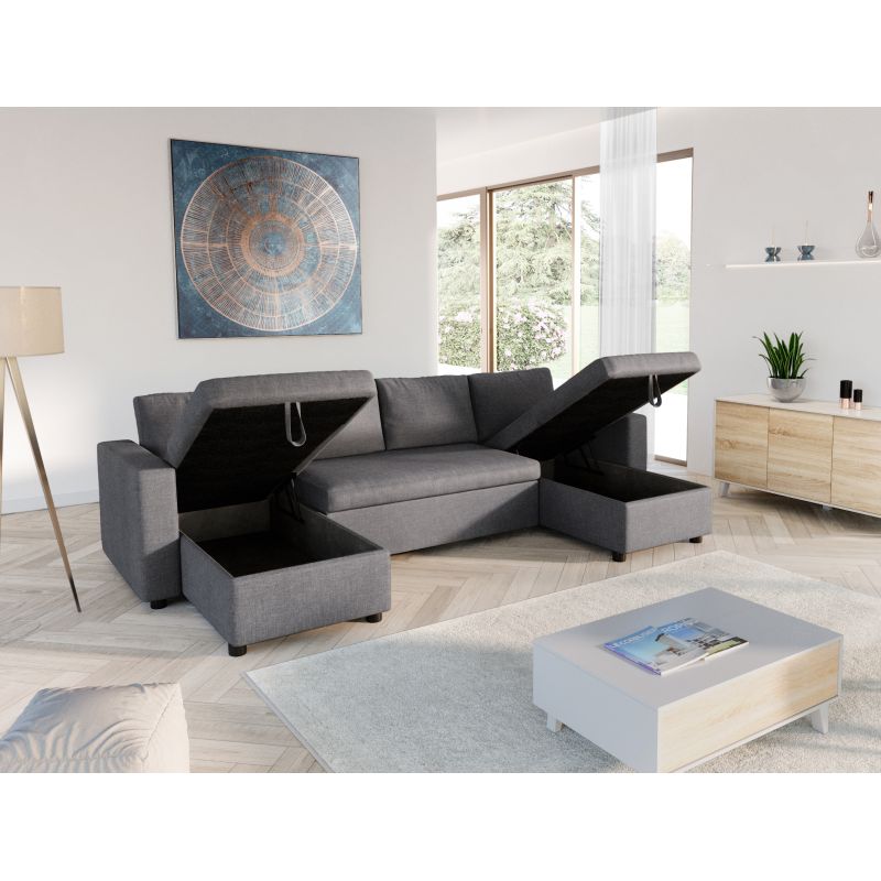 LUMIRA U - Canapé panoramique convertible avec 2 coffres en tissu - Gris foncé