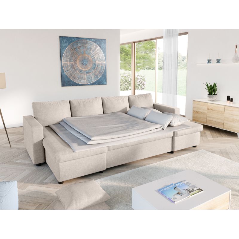 LUMIRA U - Canapé panoramique convertible avec 2 coffres en tissu - Beige