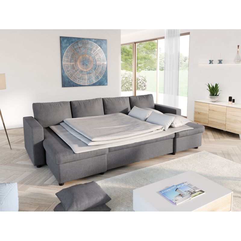 LUMIRA U - Canapé panoramique convertible avec 2 coffres en tissu - Gris foncé