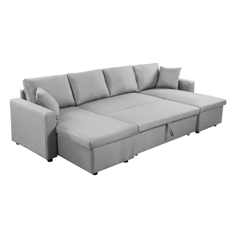 LUMIRA U - Canapé panoramique convertible avec 2 coffres en tissu - Gris clair