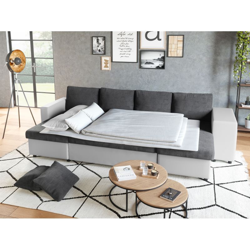 LUMIRA U PLUS - Canapé panoramique convertible avec 2 coffres et 2 poufs en simili et microfibre - Gris/blanc