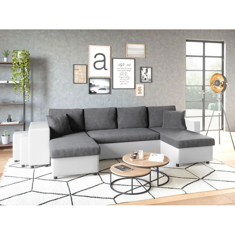 LUMIRA U PLUS - Canapé panoramique convertible avec 2 coffres et 2 poufs en simili et microfibre - Gris/blanc