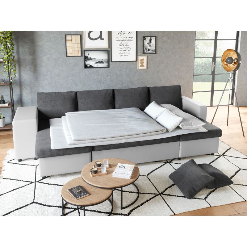 LUMIRA U PLUS - Canapé panoramique convertible avec 2 coffres et 2 poufs en simili et microfibre - Gris/blanc