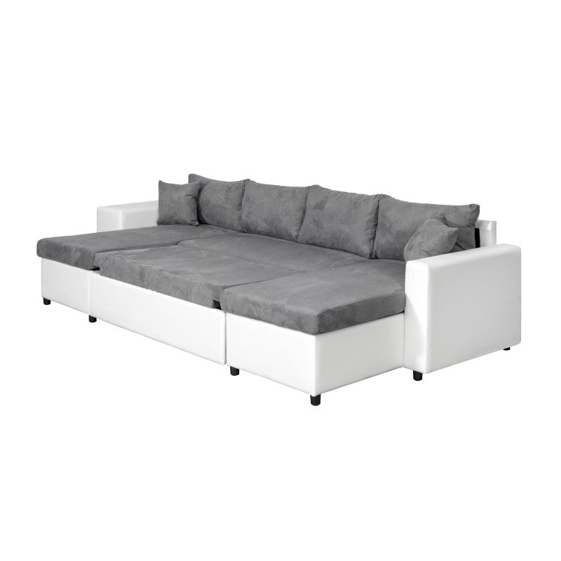 LUMIRA U PLUS - Canapé panoramique convertible avec 2 coffres et 2 poufs en simili et microfibre - Gris/blanc