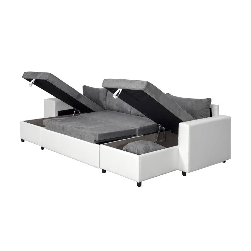 LUMIRA U PLUS - Canapé panoramique convertible avec 2 coffres et 2 poufs en simili et microfibre - Gris/blanc